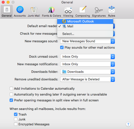 setting outlook as default on a mac for web links